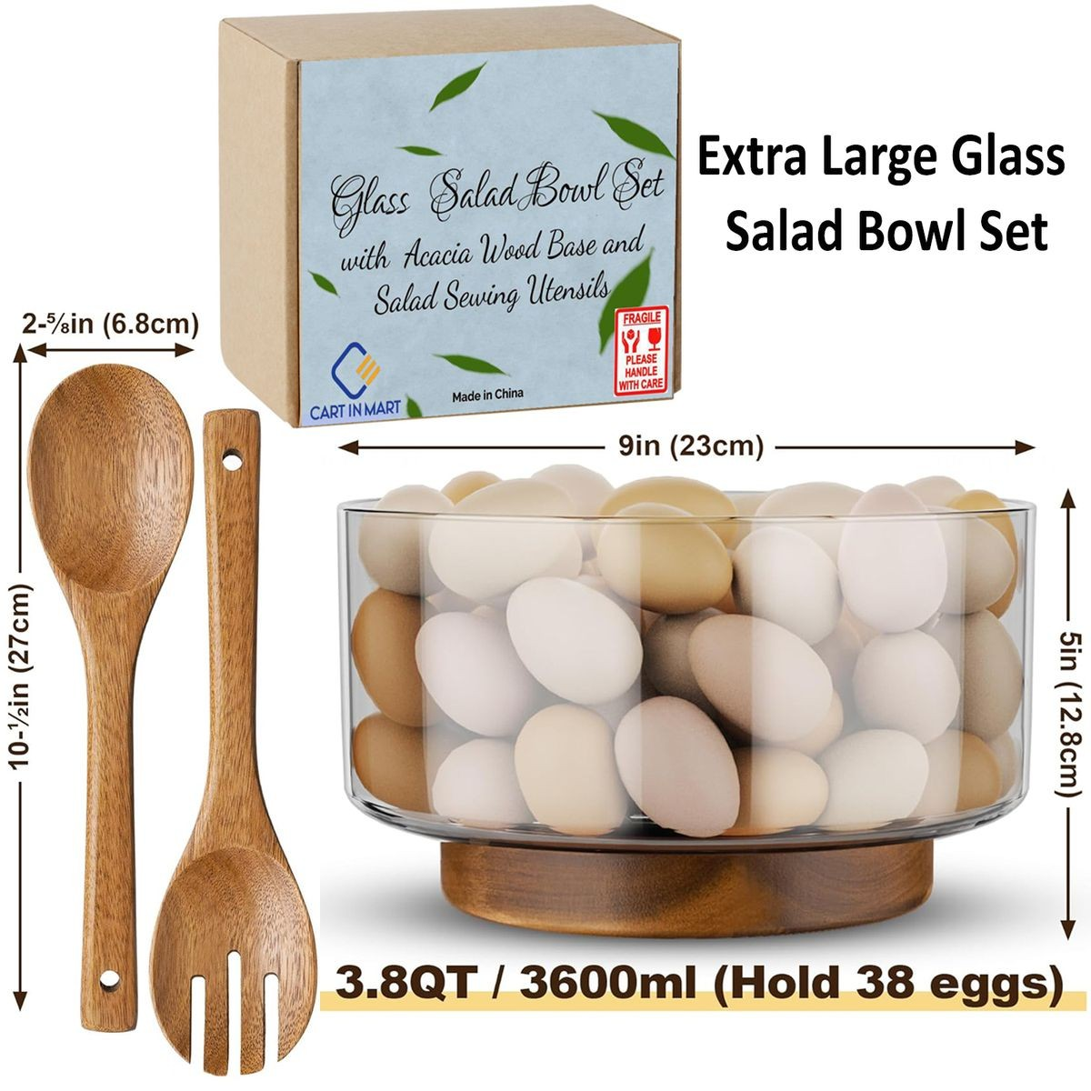 Cart In Mart Extra Large Glass Salad Bowl Set With Wood Base & Serving Utensils-Modern