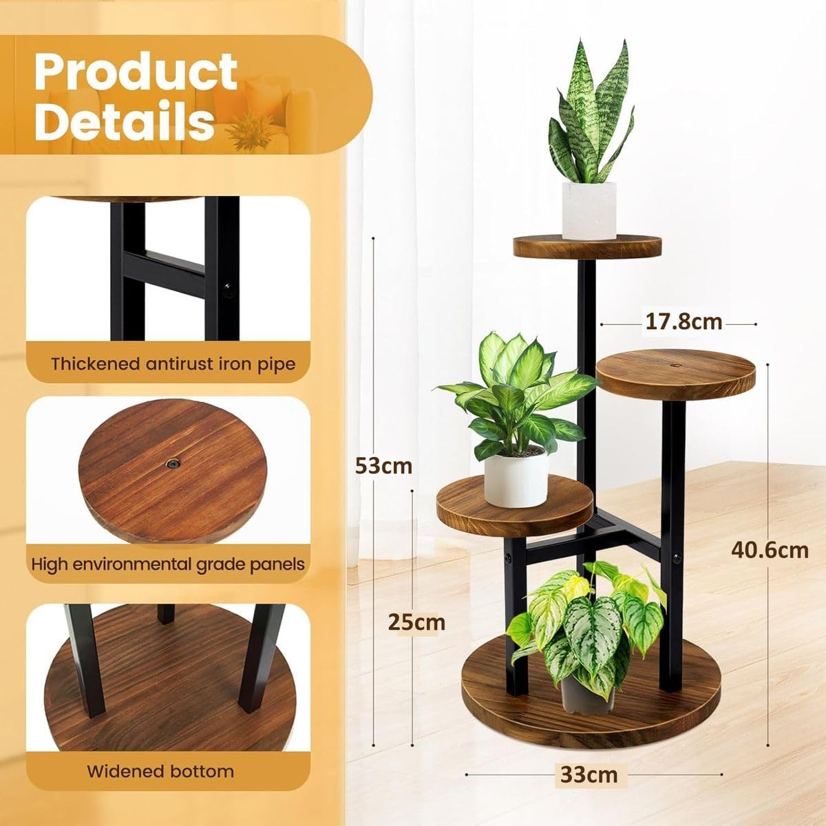 Cart In Mart 3 Tier Plant Display Stand -Metal and Wood For Indoor-53cm Tall