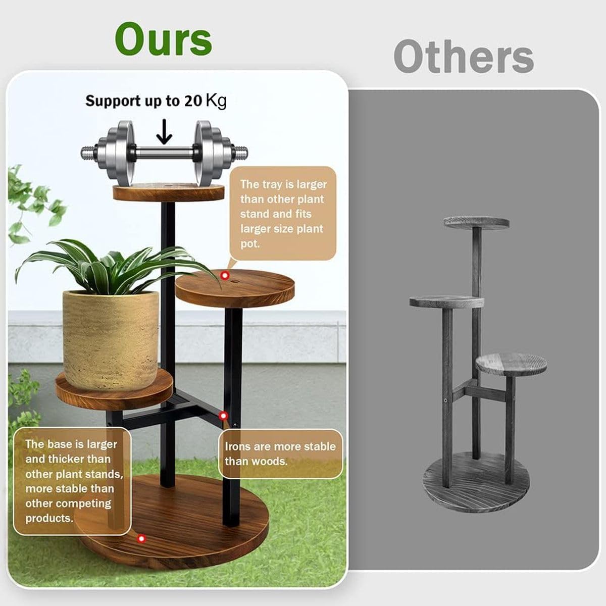 Cart In Mart 3 Tier Plant Display Stand -Metal and Wood For Indoor-53cm Tall