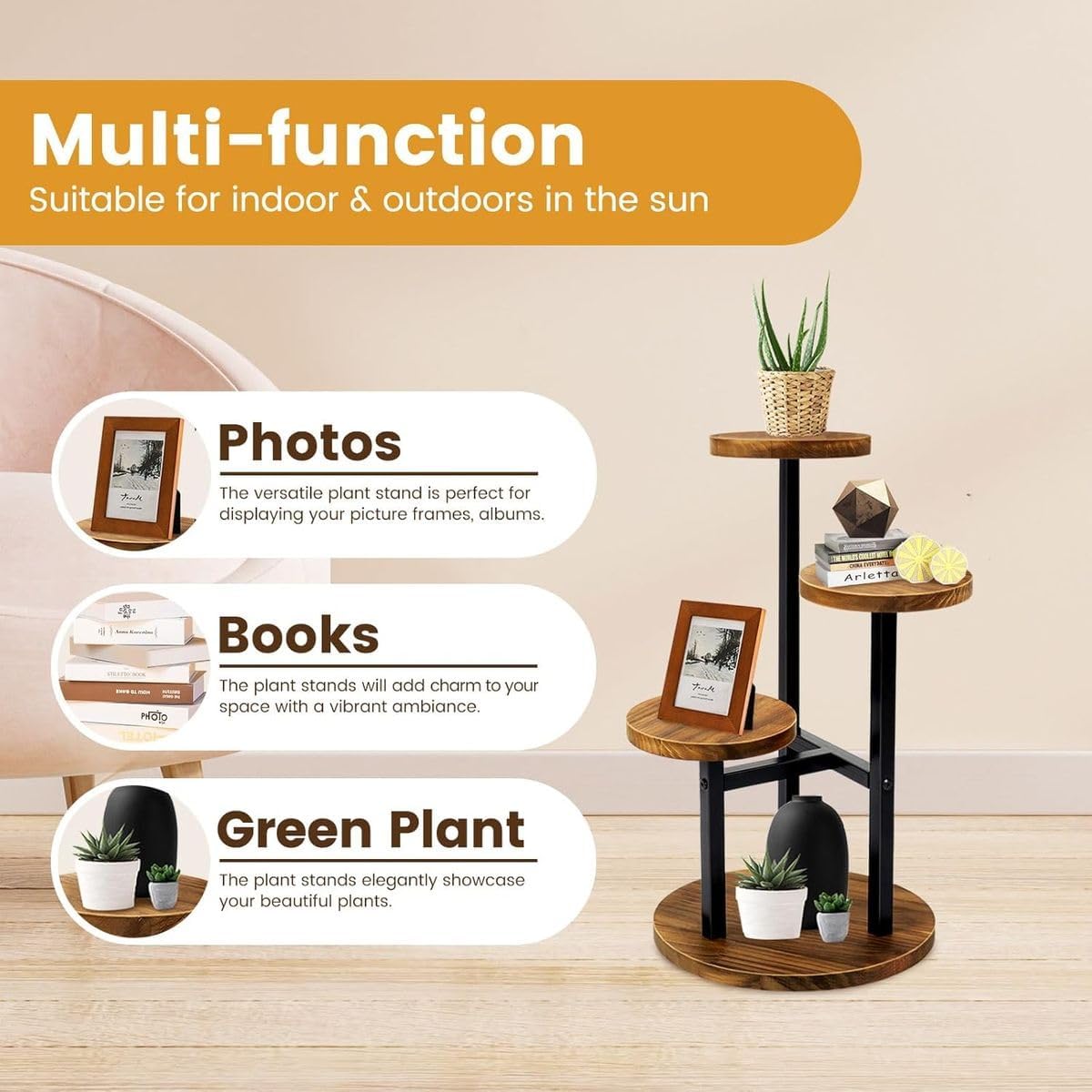 Cart In Mart 3 Tier Plant Display Stand -Metal and Wood For Indoor-53cm Tall