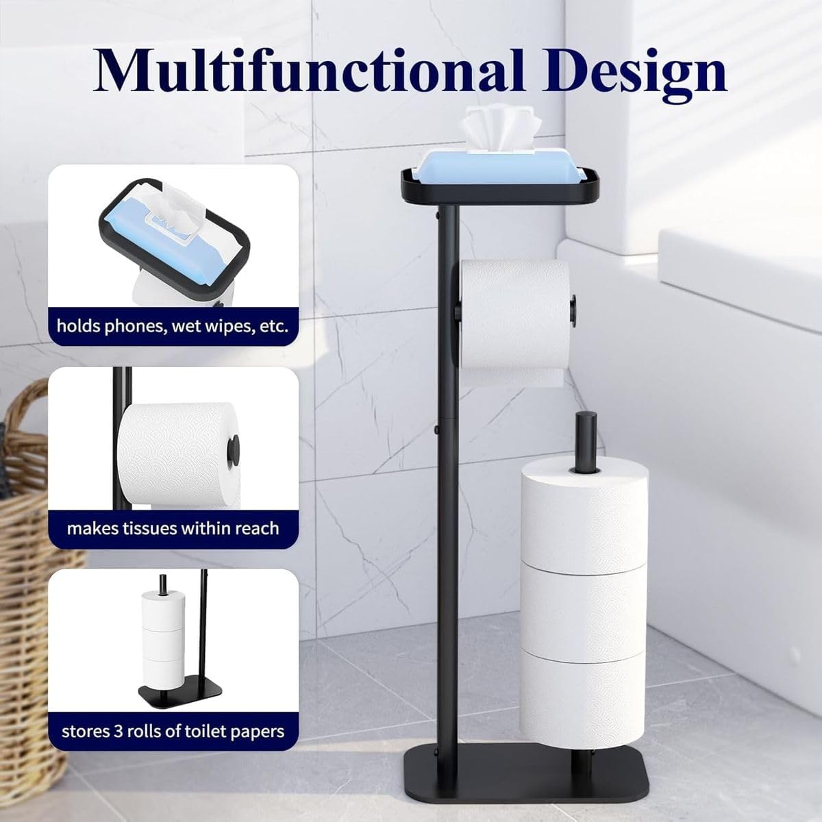 Cart In Mart Toilet Tissue Paper Holder Stand With Shelf Roll Dispenser-Free Standing