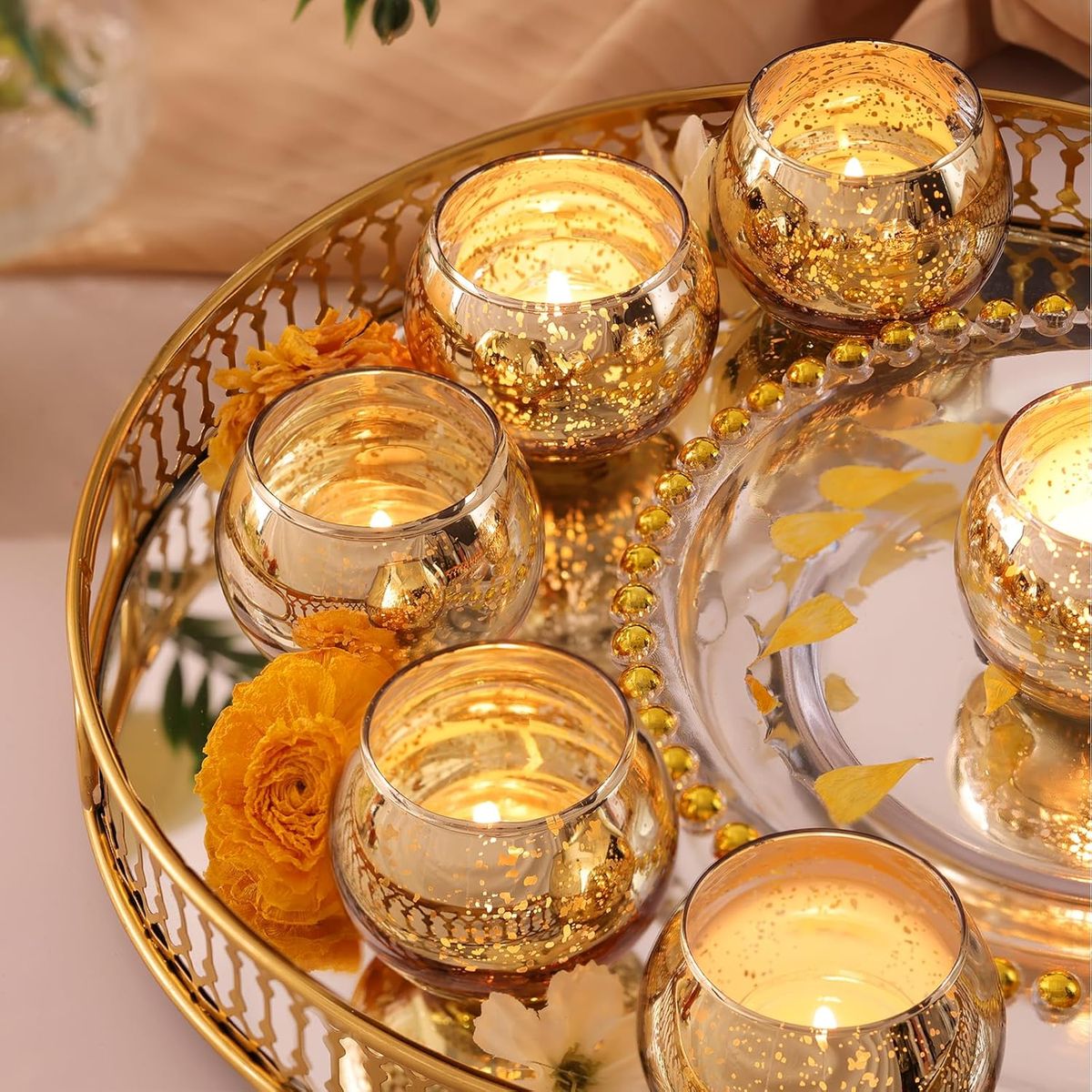 Cart In Mart 12 Pack Gold Glass Votive Tealight Candle Holders For Table Decor-Round