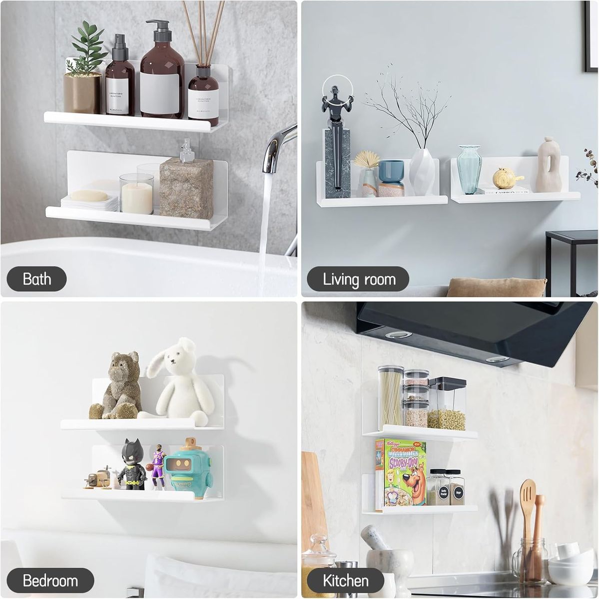 Cart In Mart 2 Pack Adhesive Acrylic Floating Shelves With Lips For Wall No Drill-30cm - White