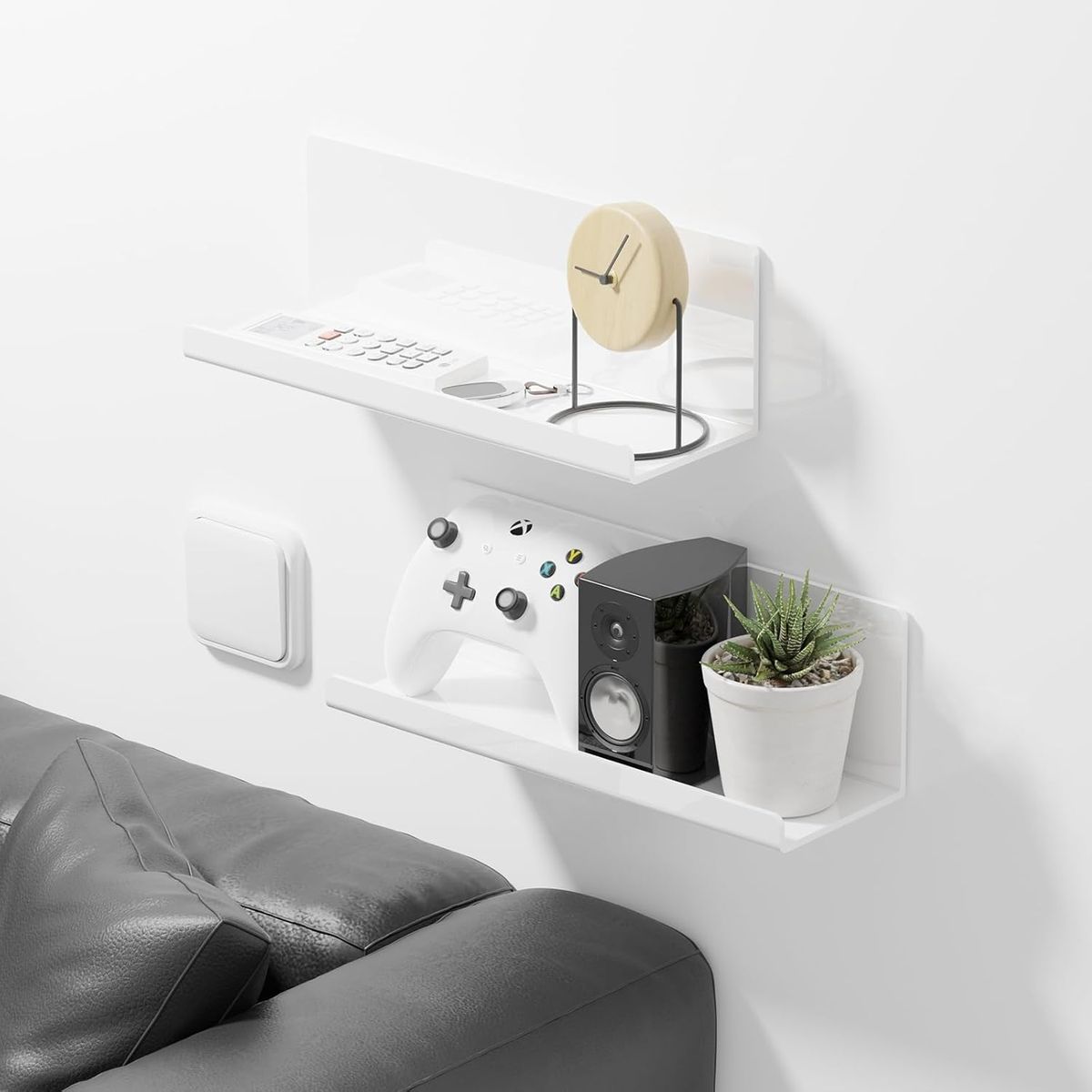 Cart In Mart 2 Pack Adhesive Acrylic Floating Shelves With Lips For Wall No Drill-30cm - White