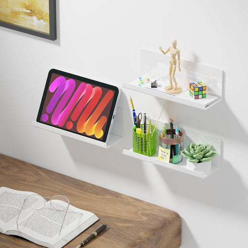Cart In Mart 2 Pack Adhesive Acrylic Floating Shelves With Lips For Wall No Drill-30cm - White