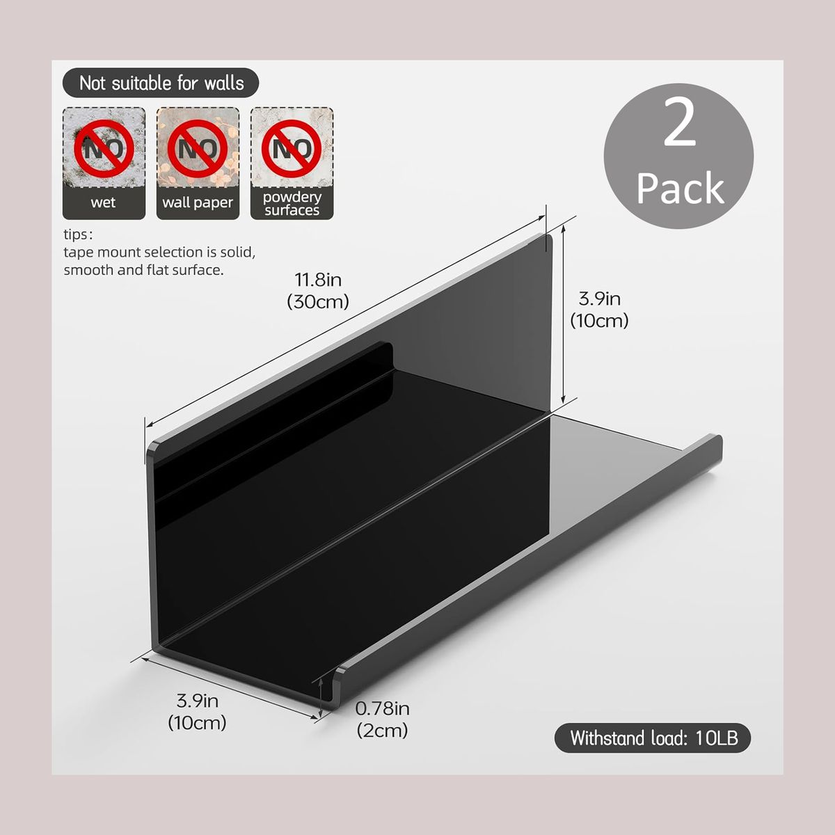 Cart In Mart 2 Pack Adhesive Acrylic Floating Shelves With Lips For Wall No Drill-30cm - Black