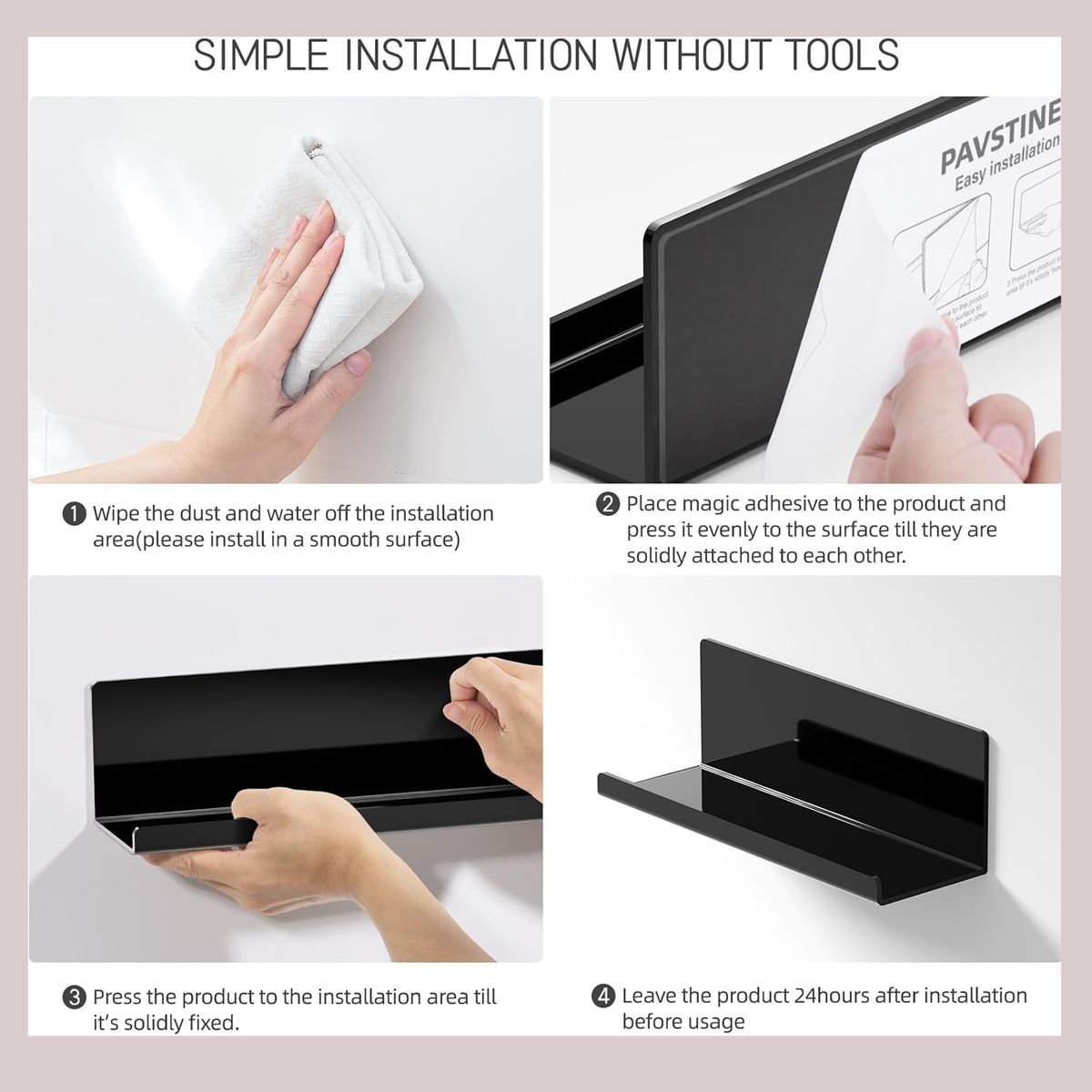 Cart In Mart 2 Pack Adhesive Acrylic Floating Shelves With Lips For Wall No Drill-30cm - Black