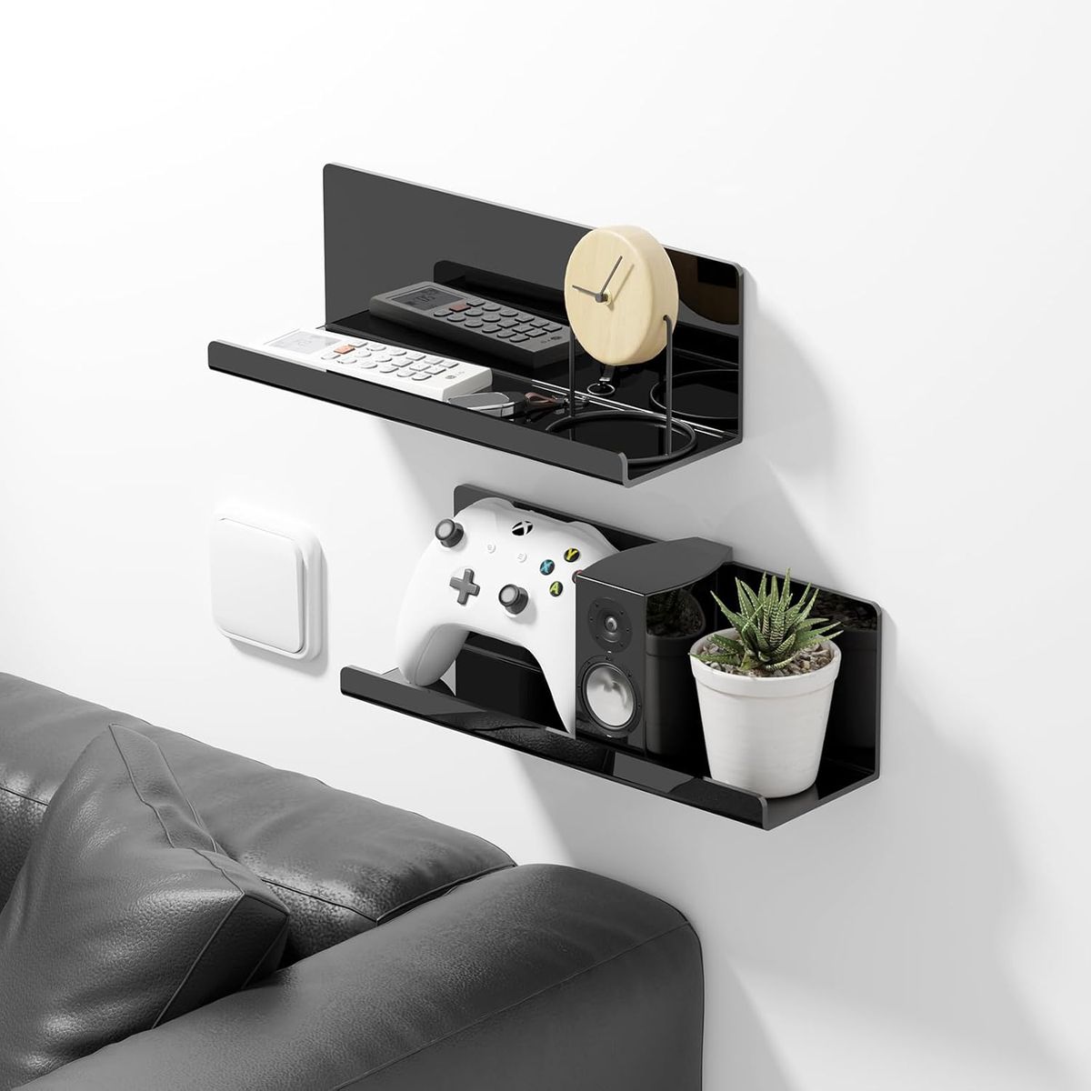 Cart In Mart 2 Pack Adhesive Acrylic Floating Shelves With Lips For Wall No Drill-30cm - Black
