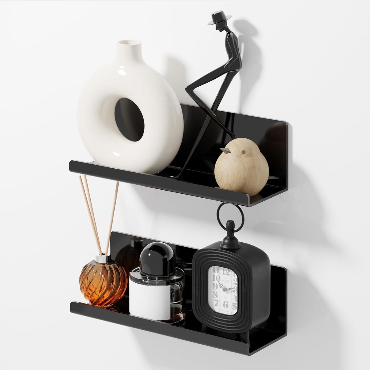 Cart In Mart 2 Pack Adhesive Acrylic Floating Shelves With Lips For Wall No Drill-30cm - Black