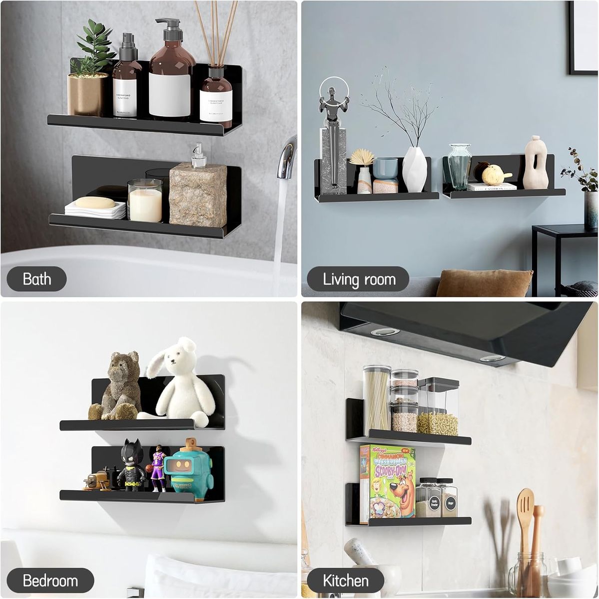 Cart In Mart 2 Pack Adhesive Acrylic Floating Shelves With Lips For Wall No Drill-30cm - Black