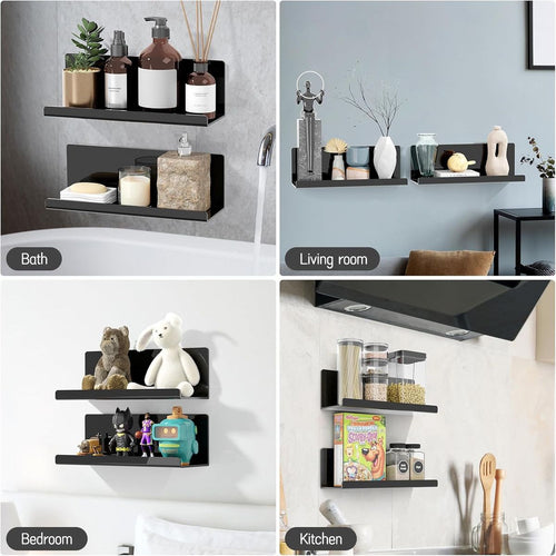 Cart In Mart 2 Pack Adhesive Acrylic Floating Shelves With Lips For Wall No Drill-30cm - Black