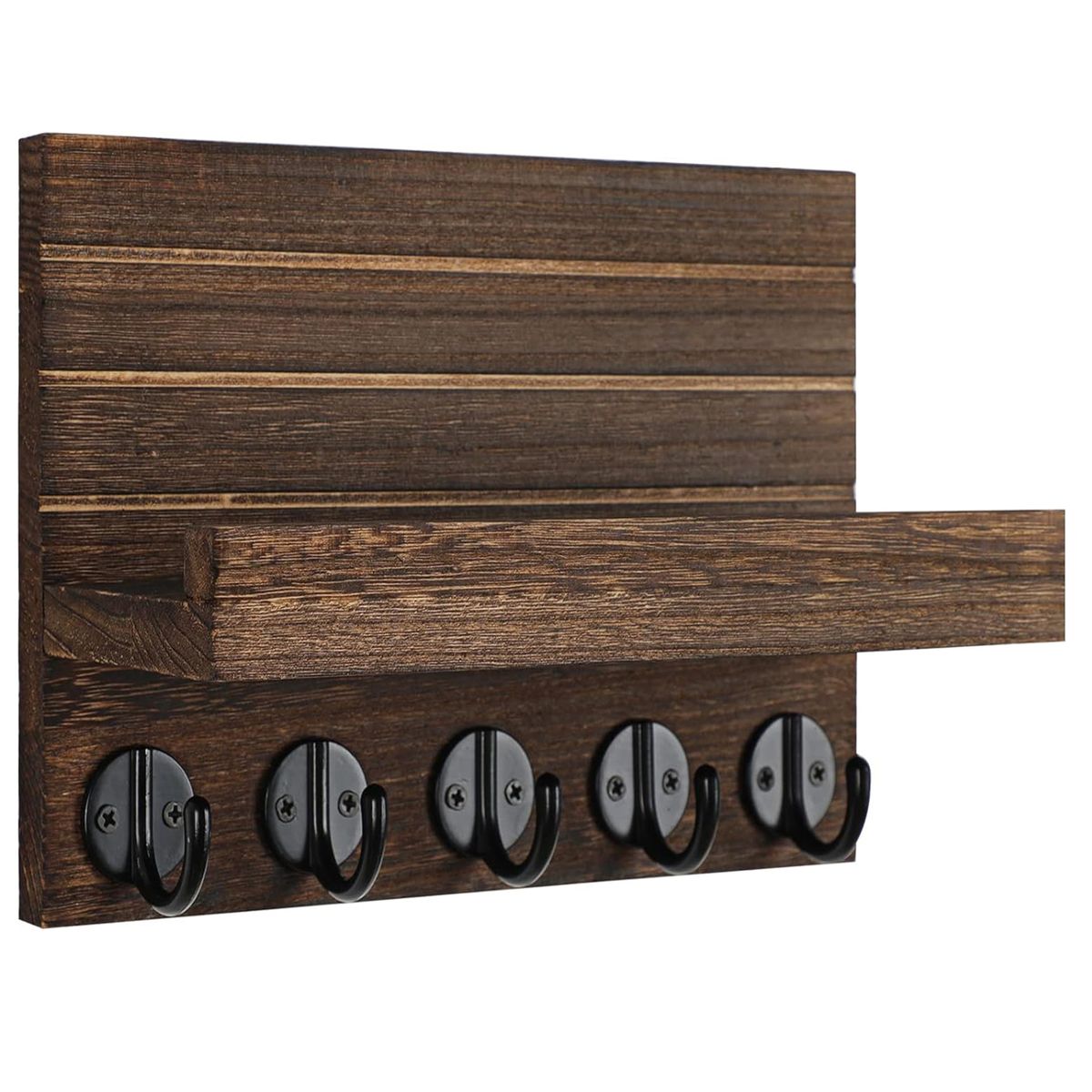 Cart In Mart Wooden Key Holder Wall Mounted Rack With Mail Organiser,5 Metal Hooks - Brown