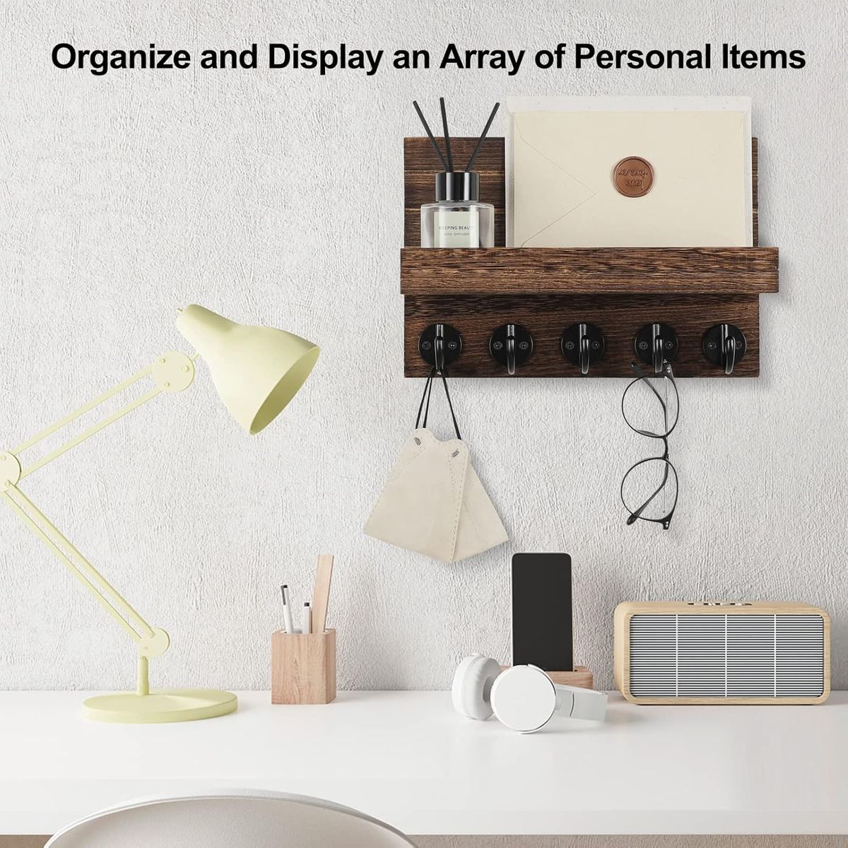 Cart In Mart Wooden Key Holder Wall Mounted Rack With Mail Organiser,5 Metal Hooks - Brown