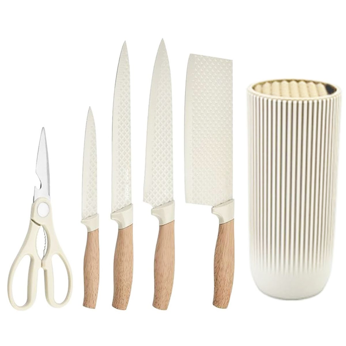 Cart In Mart Stainless Steel 6 Piece Knife Set With Knife Block - Ergonomic Handle - Khaki