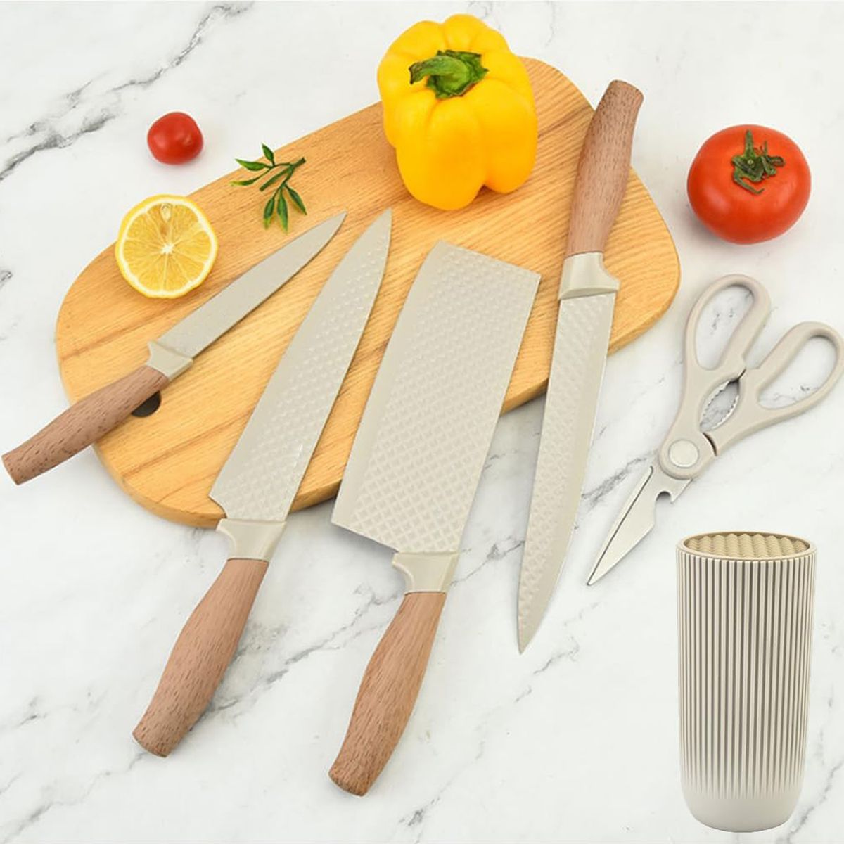 Cart In Mart Stainless Steel 6 Piece Knife Set With Knife Block - Ergonomic Handle - Khaki