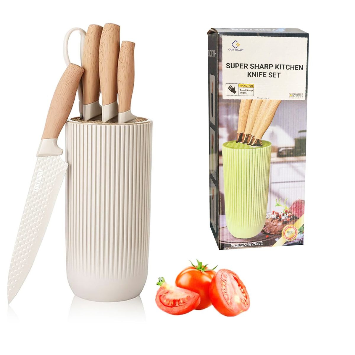 Cart In Mart Stainless Steel 6 Piece Knife Set With Knife Block - Ergonomic Handle - Khaki