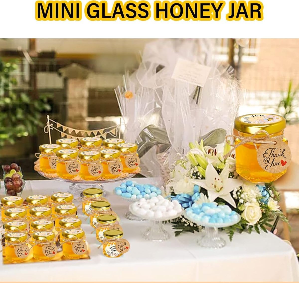 Cart In Mart Mini Honey Jars Pots With Dipper, Bee Pendant, Jute Party Gift Favor