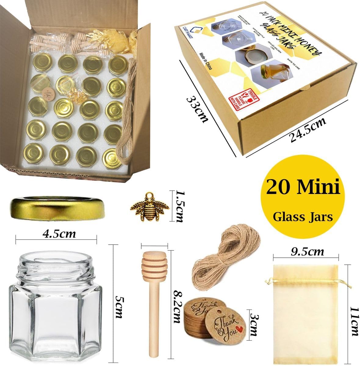 Cart In Mart Mini Honey Jars Pots With Dipper, Bee Pendant, Jute Party Gift Favor
