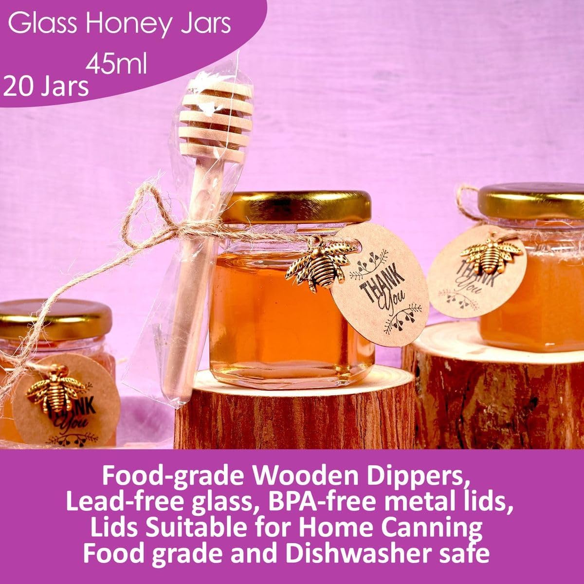 Cart In Mart Mini Honey Jars Pots With Dipper, Bee Pendant, Jute Party Gift Favor
