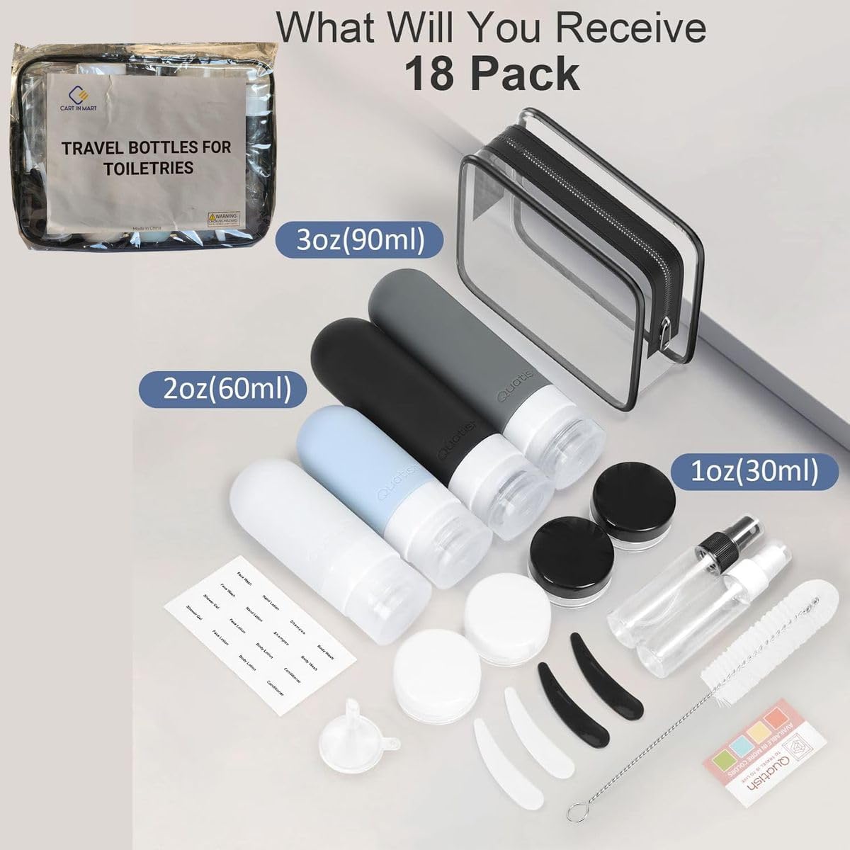Cart In Mart 18 Piece Silicone Travel Bottles For Toiletries-Leak Proof Refillable Jars