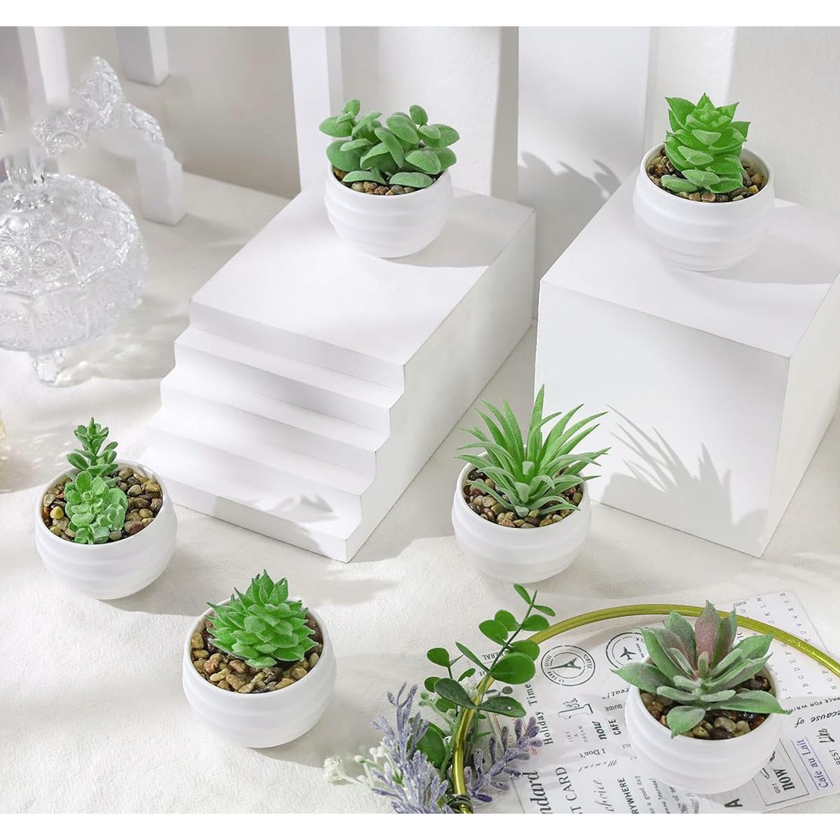Cart In Mart 6 Pack Mini Fake Artificial Succulents Plants In Pots For Home Office Decor