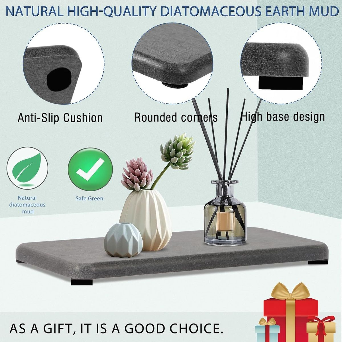 Cart In Mart 4 Pack Diatomite Coasters Water Absorbant Stone Trays For Bathroom/Kitchen Dark Grey
