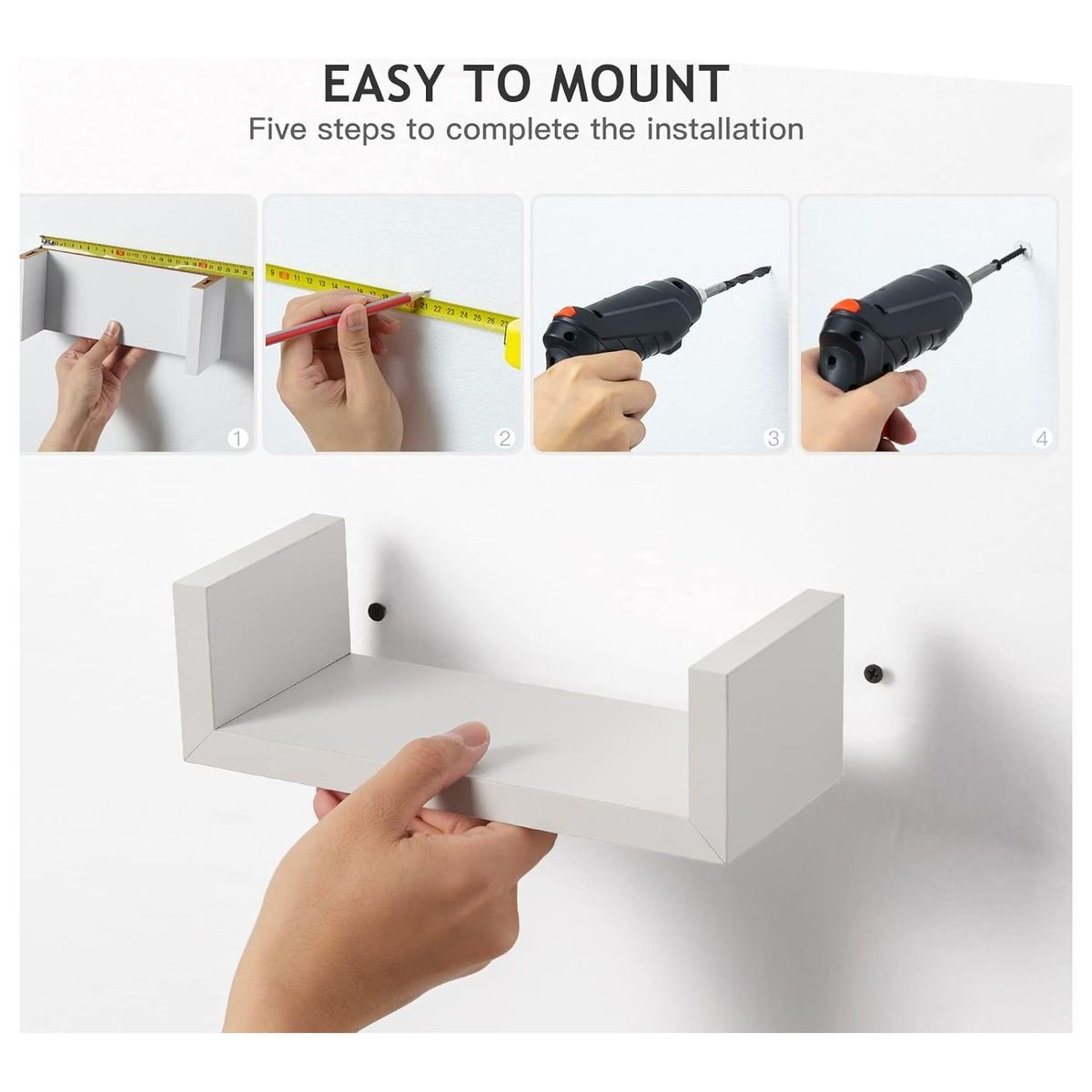 Cart In Mart 3 Piece U shape Wooden Floating Shelves For Bedroom Bathroom Wall Décor White