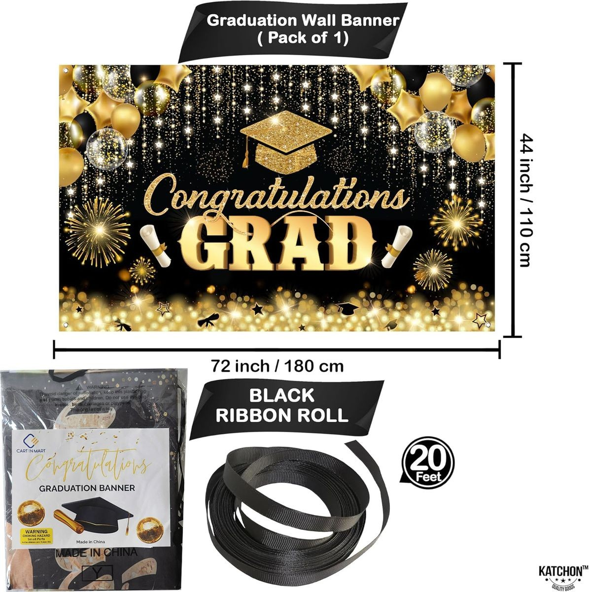 Cart In Mart Congratulations Graduation Banner Backdrop-180x110cm-Glitter Black & Gold