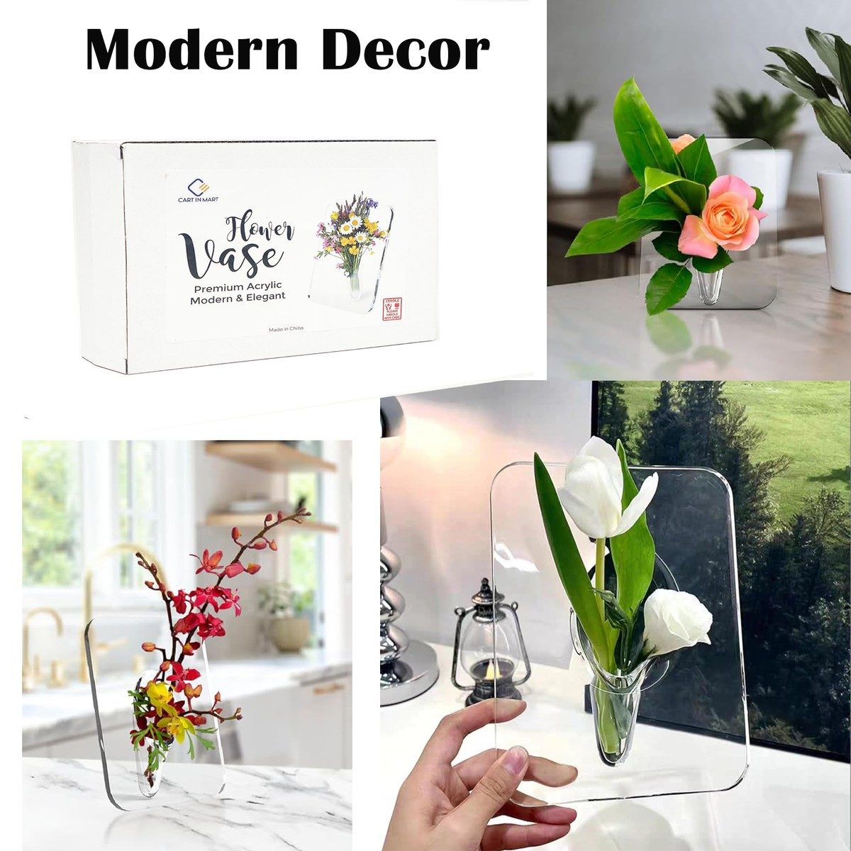 Cart In Mart Clear Acrylic Photo Frame Flower Vase 8x6" For Home Wedding Office Decor