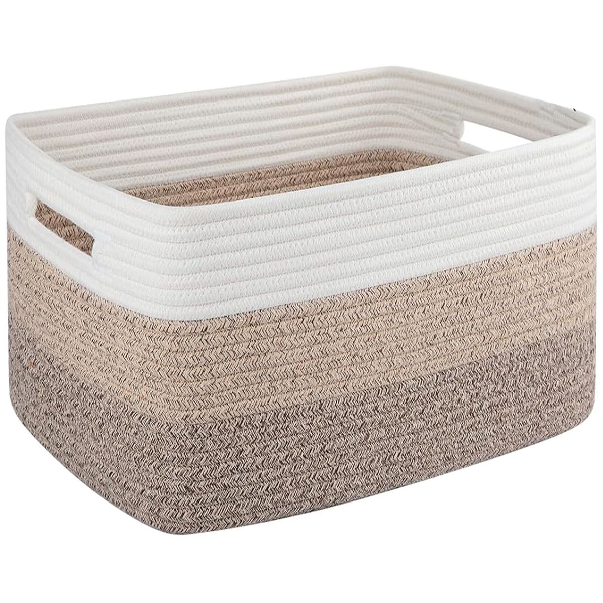 Cart In Mart Large Woven Blanket Baskets Laundry Hamper-65L-Multipurpose Storage-Rect - Brown & White
