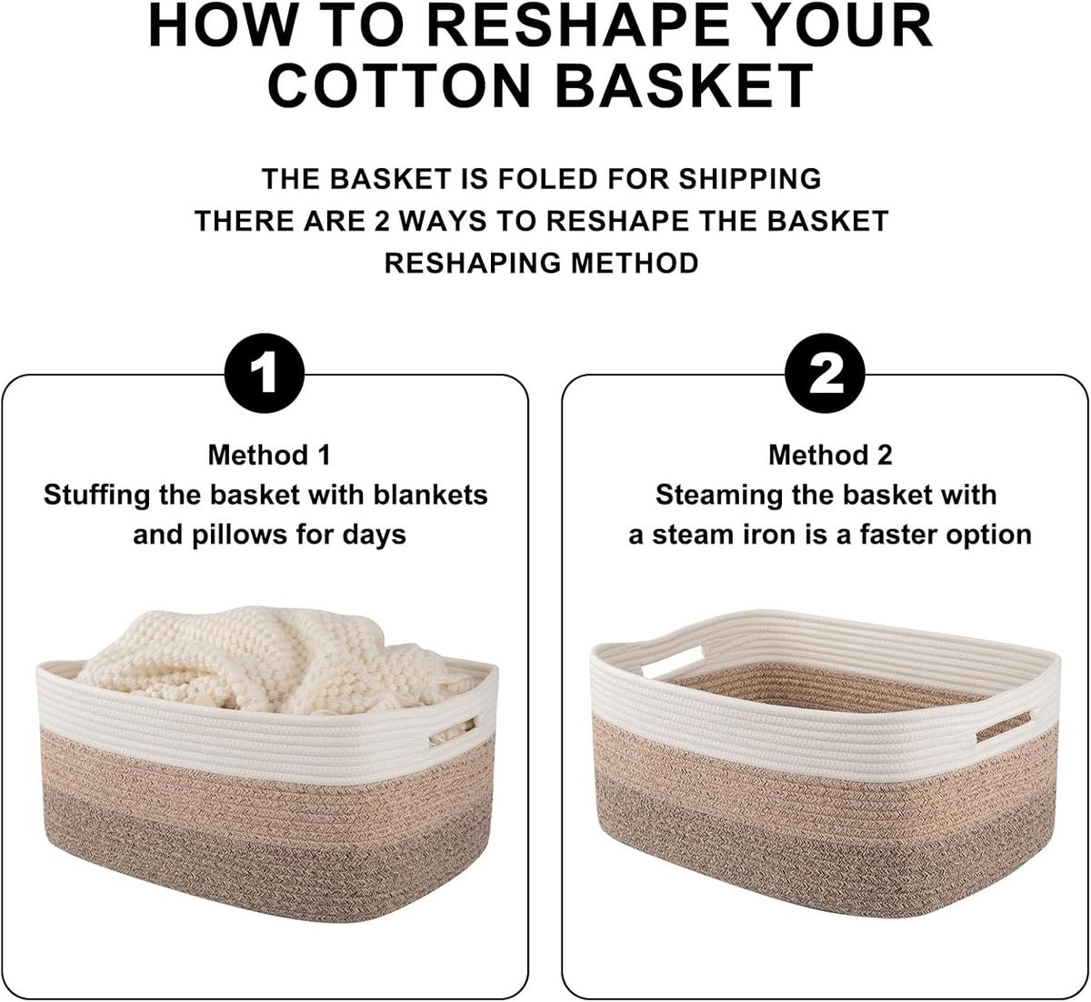 Cart In Mart Large Woven Blanket Baskets Laundry Hamper-65L-Multipurpose Storage-Rect - Brown & White