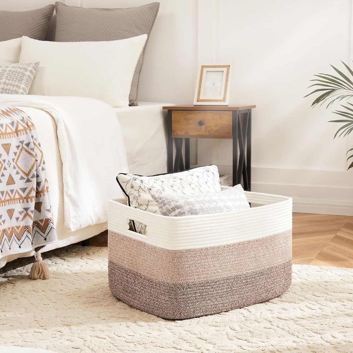 Cart In Mart Large Woven Blanket Baskets Laundry Hamper-65L-Multipurpose Storage-Rect - Brown & White