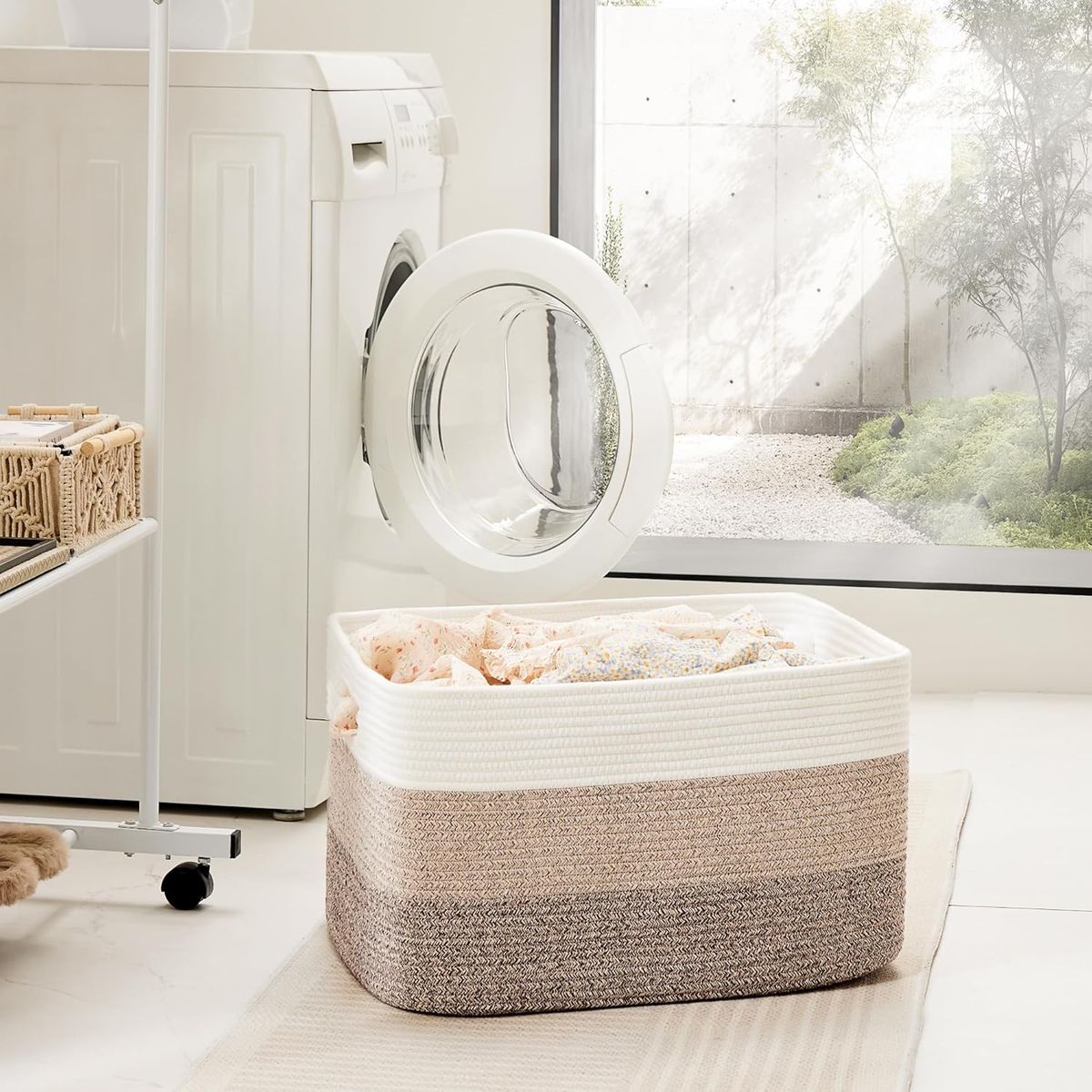 Cart In Mart Large Woven Blanket Baskets Laundry Hamper-65L-Multipurpose Storage-Rect - Brown & White