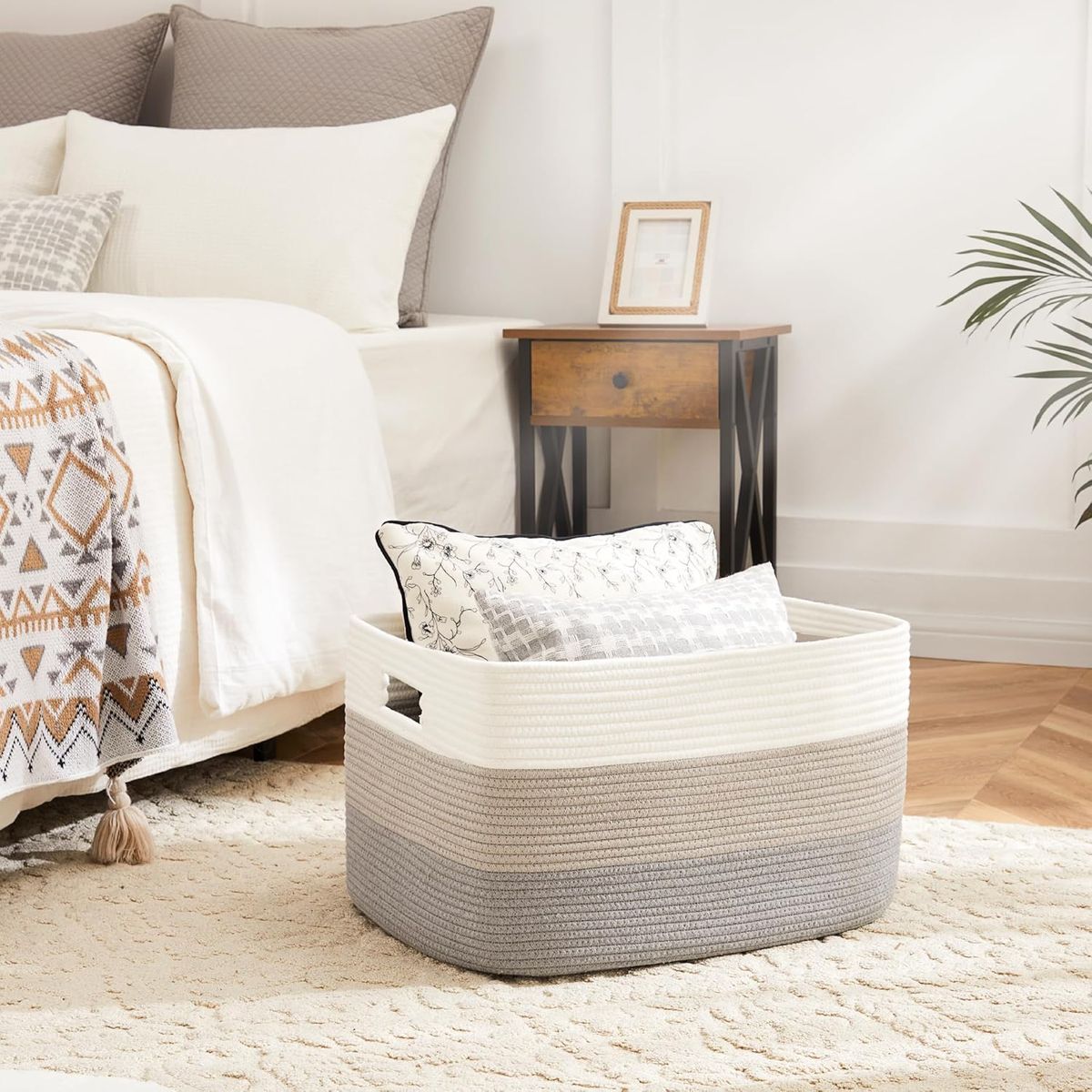 Cart In Mart Large Woven Blanket Baskets Laundry Hamper-65L-Multipurpose Storage-Rect - Grey & white
