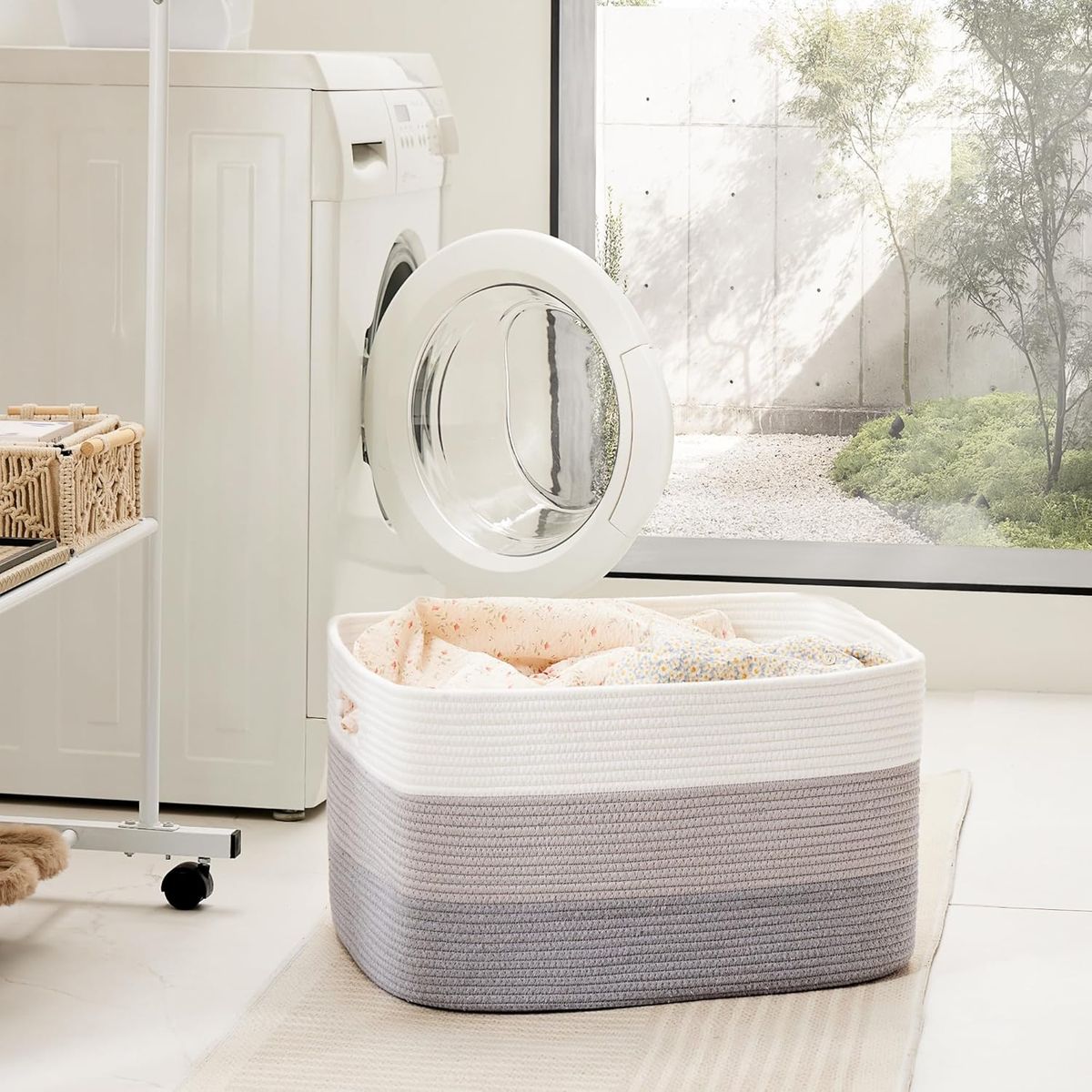 Cart In Mart Large Woven Blanket Baskets Laundry Hamper-65L-Multipurpose Storage-Rect - Grey & white