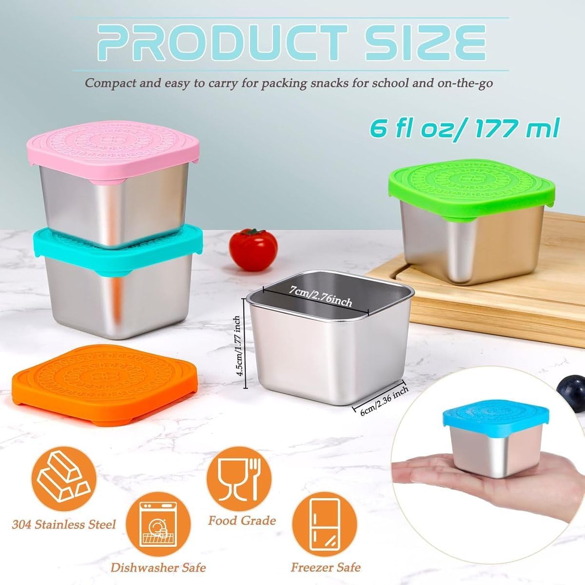 Cart In Mart 6 Pack 180ml Stainless Steel Containers With Silicone Lids For Kids