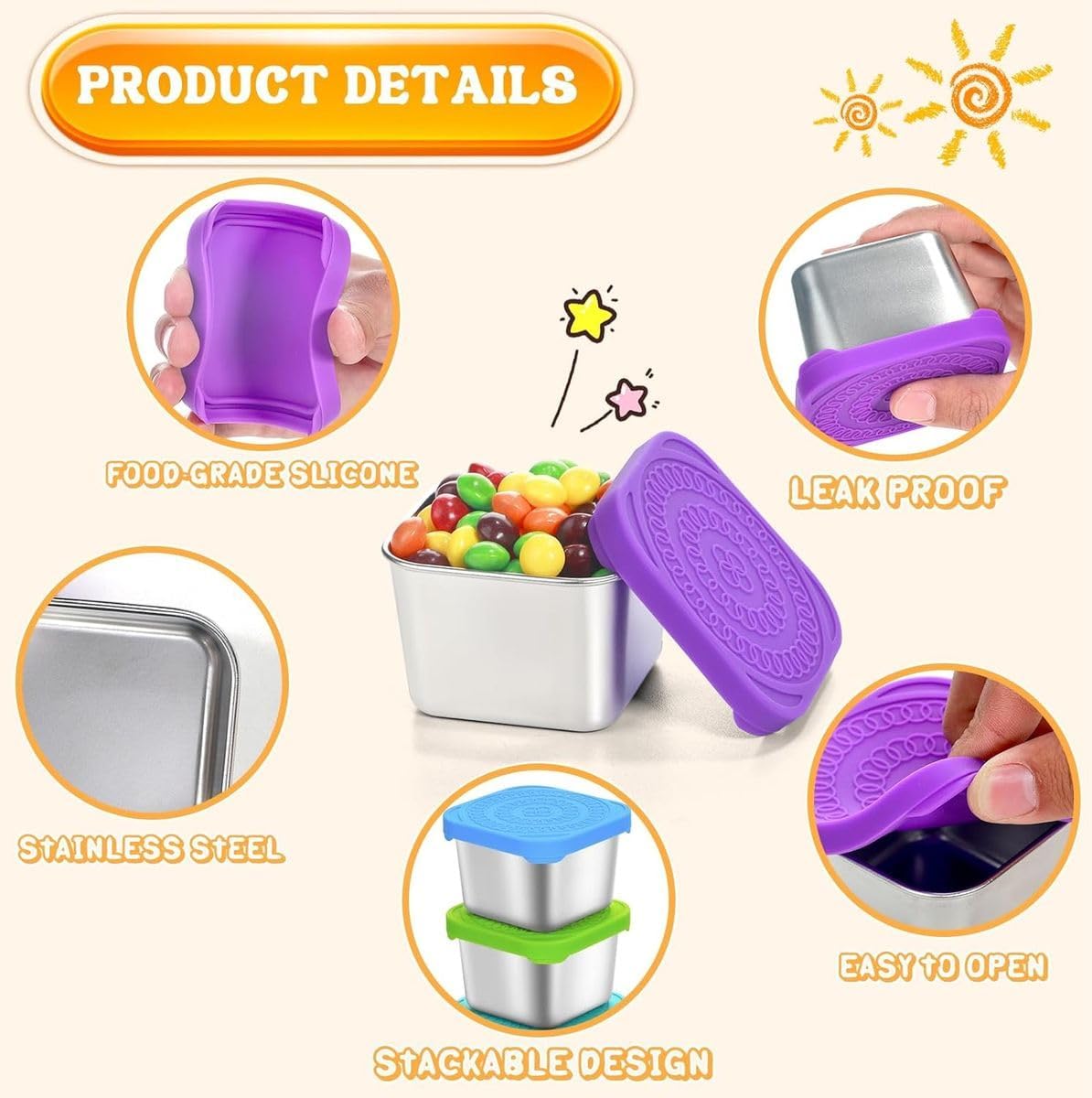 Cart In Mart 6 Pack 180ml Stainless Steel Containers With Silicone Lids For Kids