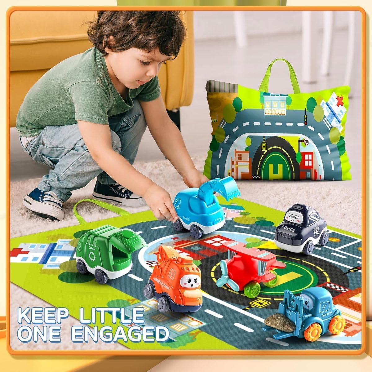Cart In Mart Baby Cartoon Truck Car Toys with Playmat, Storage Bag For Toddler Activity