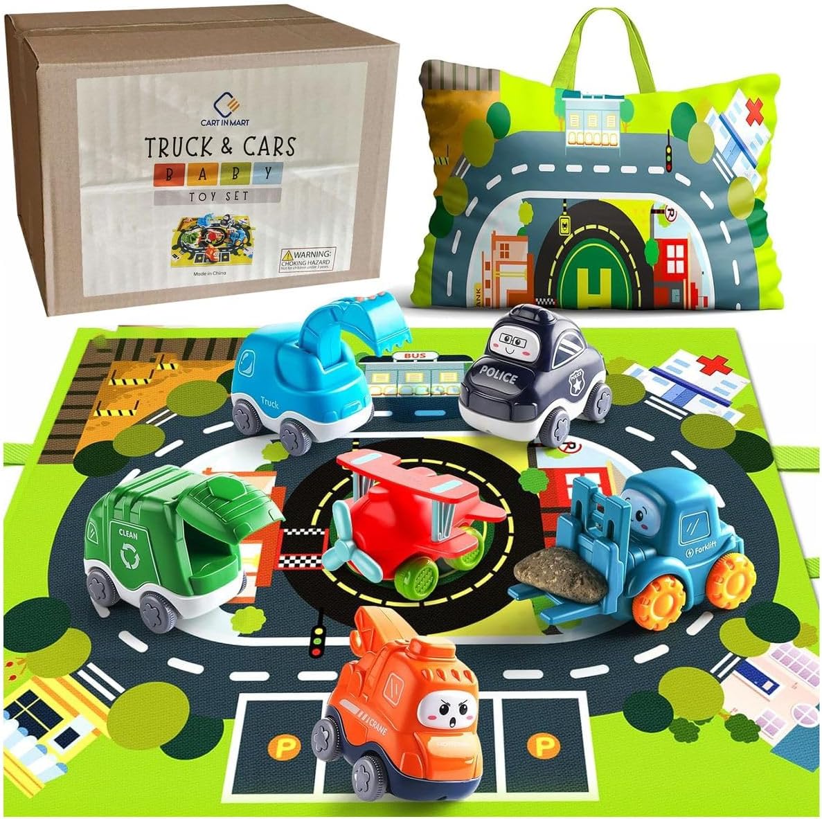 Cart In Mart Baby Cartoon Truck Car Toys with Playmat, Storage Bag For Toddler Activity