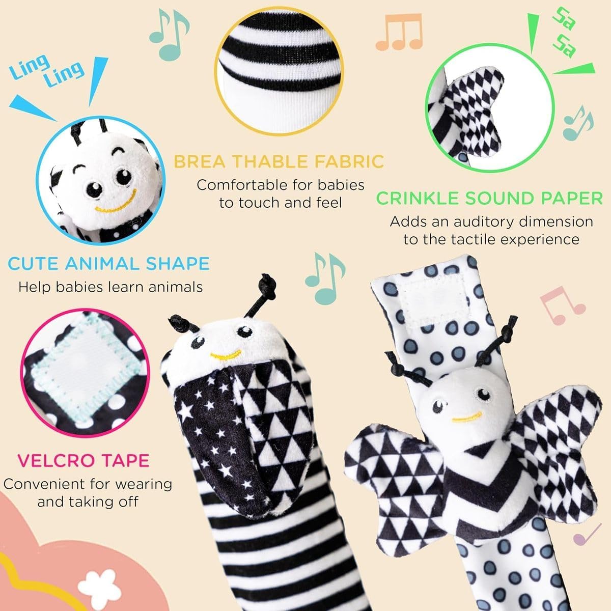 Cart In Mart 6 Pcs Baby Rattle Socks, Wrist & Soft Books High Contrast Toys For Newborn
