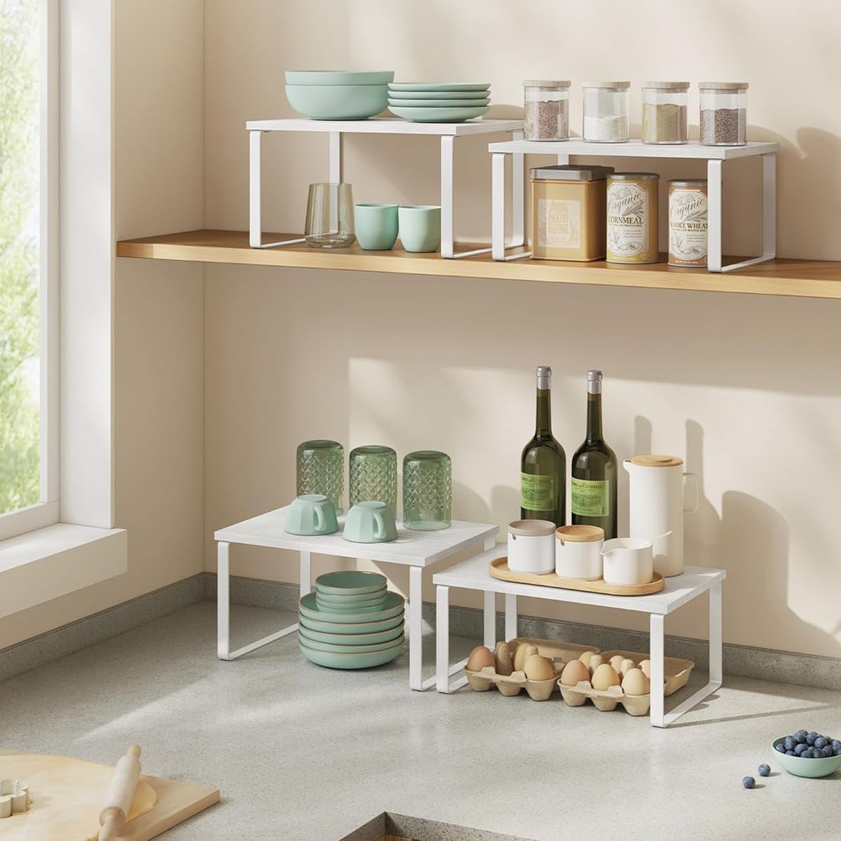 Cart In Mart 2 Pack Stackable Kitchen Cabinet Organiser Shelf Countertop -Multipurpose - White