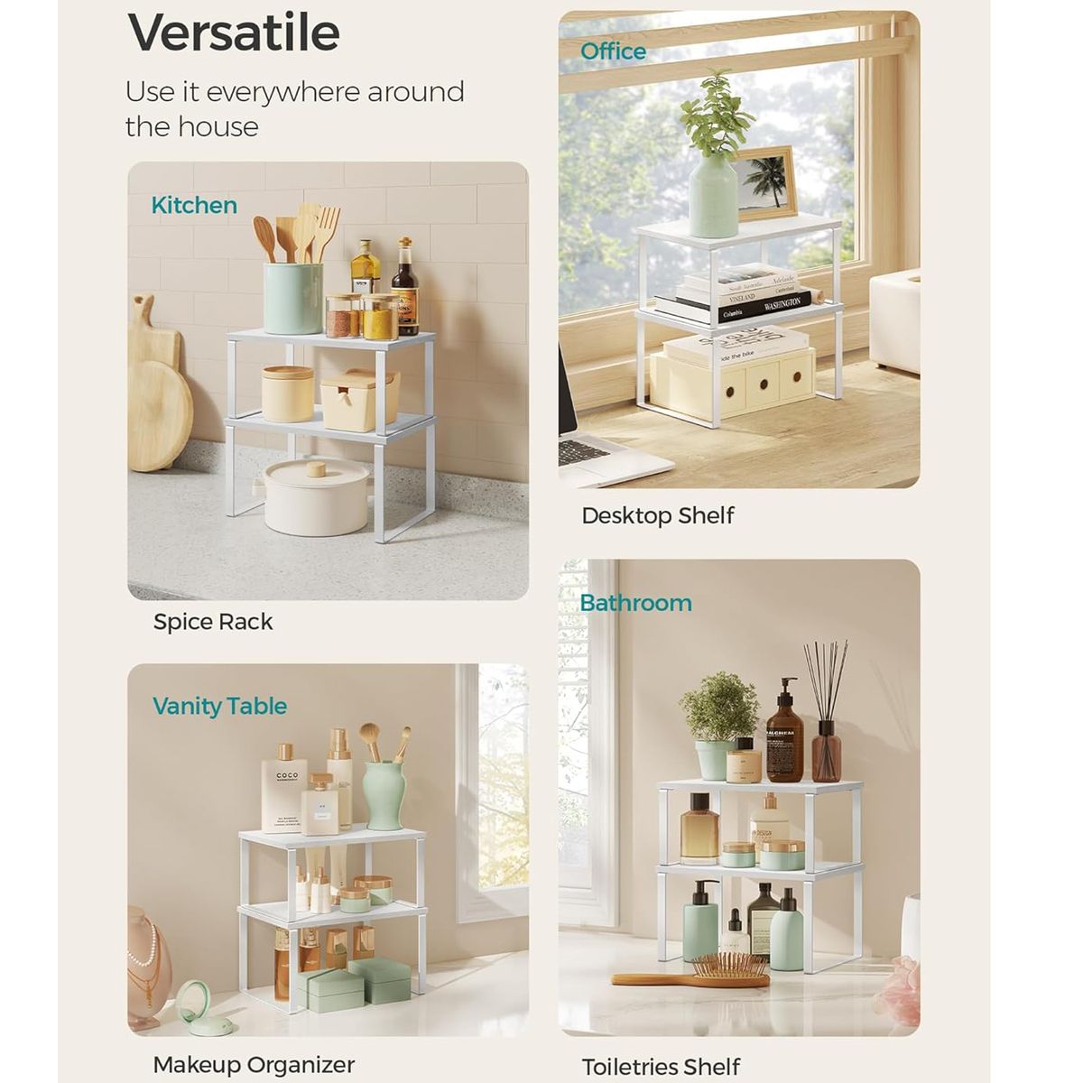 Cart In Mart 2 Pack Stackable Kitchen Cabinet Organiser Shelf Countertop -Multipurpose - White