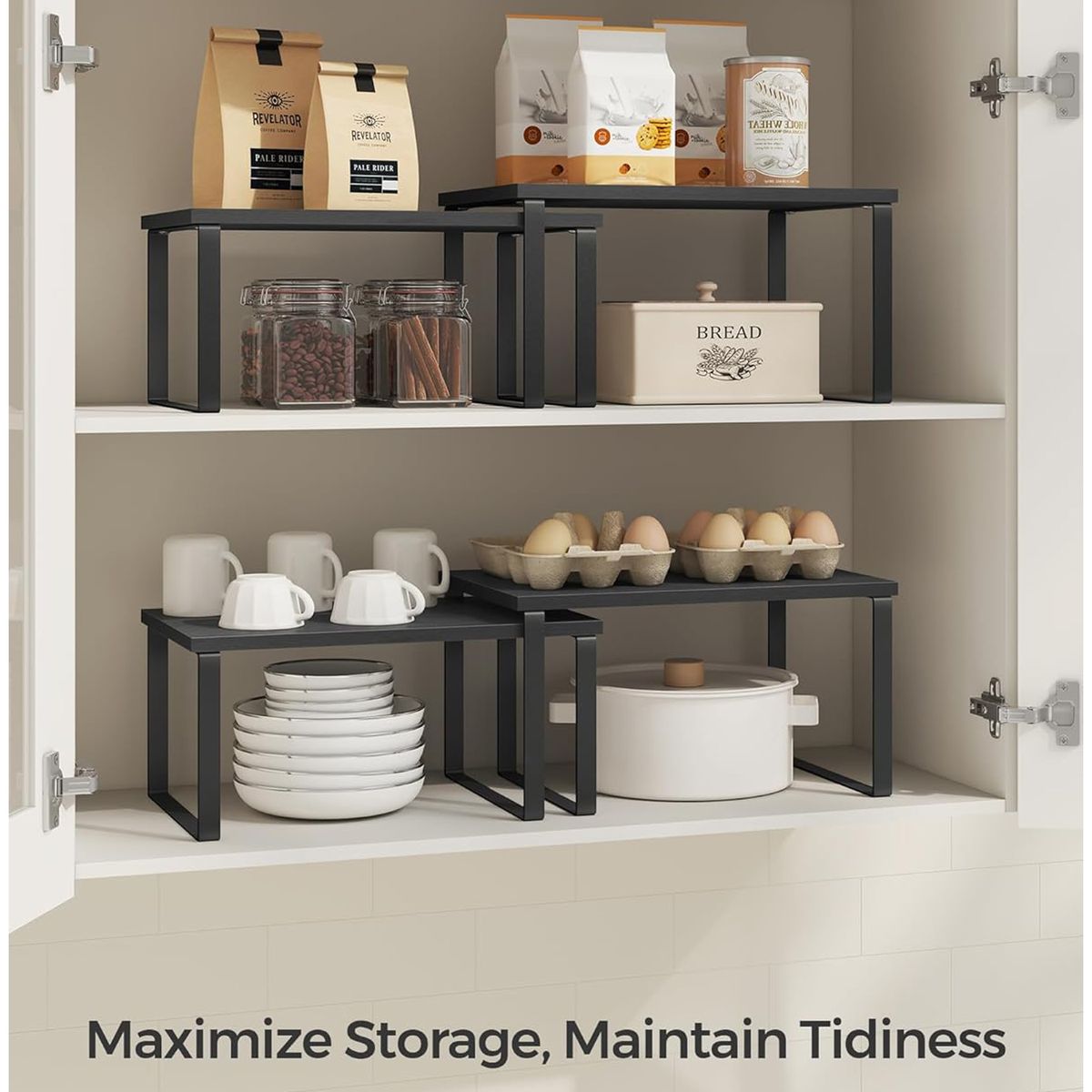 Cart In Mart 2 Pack Stackable Kitchen Cabinet Organiser Shelf Countertop -Multipurpose - Black