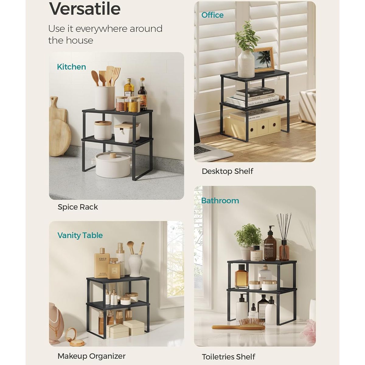 Cart In Mart 2 Pack Stackable Kitchen Cabinet Organiser Shelf Countertop -Multipurpose - Black
