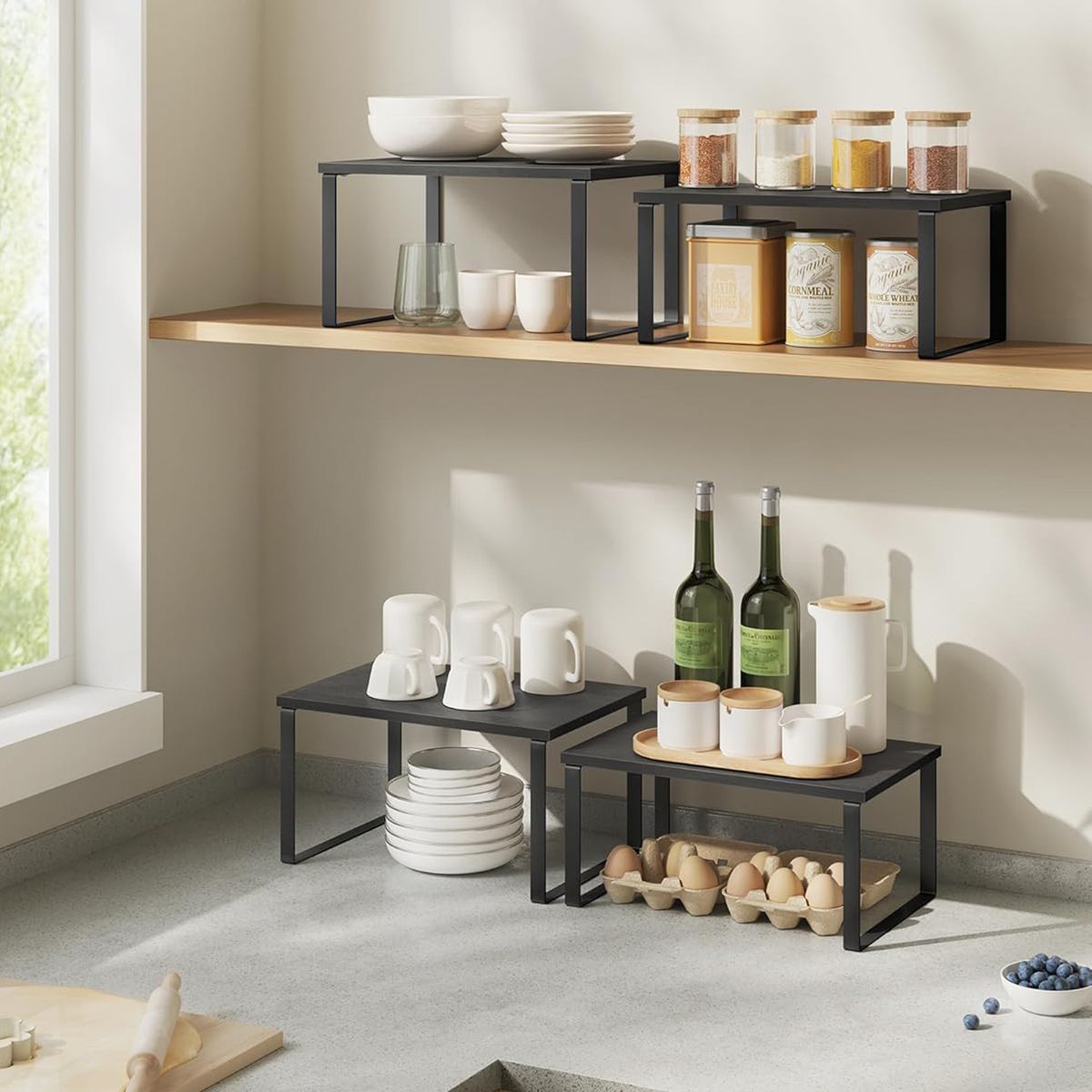 Cart In Mart 2 Pack Stackable Kitchen Cabinet Organiser Shelf Countertop -Multipurpose - Black