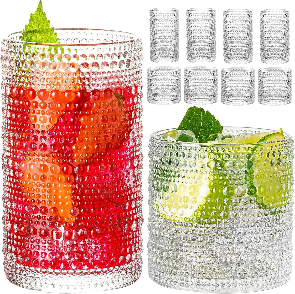 Cart In Mart Vintage Hobnail Drinking Glasses For Wine Cocktail Glassware - Set of 8