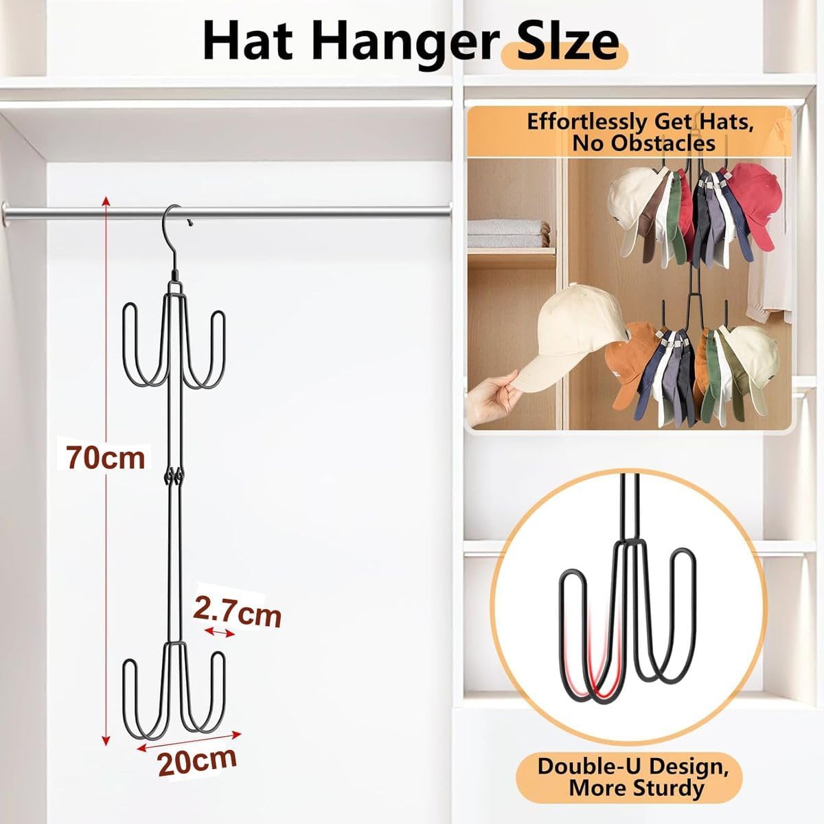 Cart In Mart Hat Hangers For Closet-Baseball Cap Holder Organiser-Stainless Steel-4 Hook