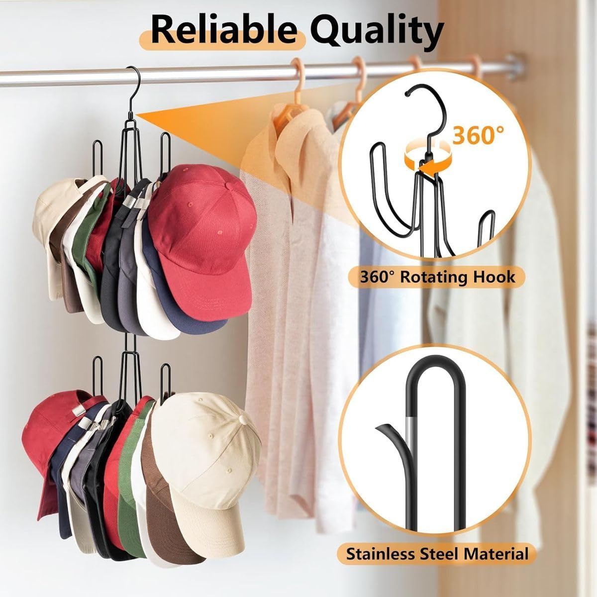 Cart In Mart Hat Hangers For Closet-Baseball Cap Holder Organiser-Stainless Steel-4 Hook