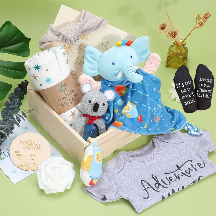 Cart In Mart Unique New Mom Gift Basket In Wooden Box Newborn Baby Boy ...