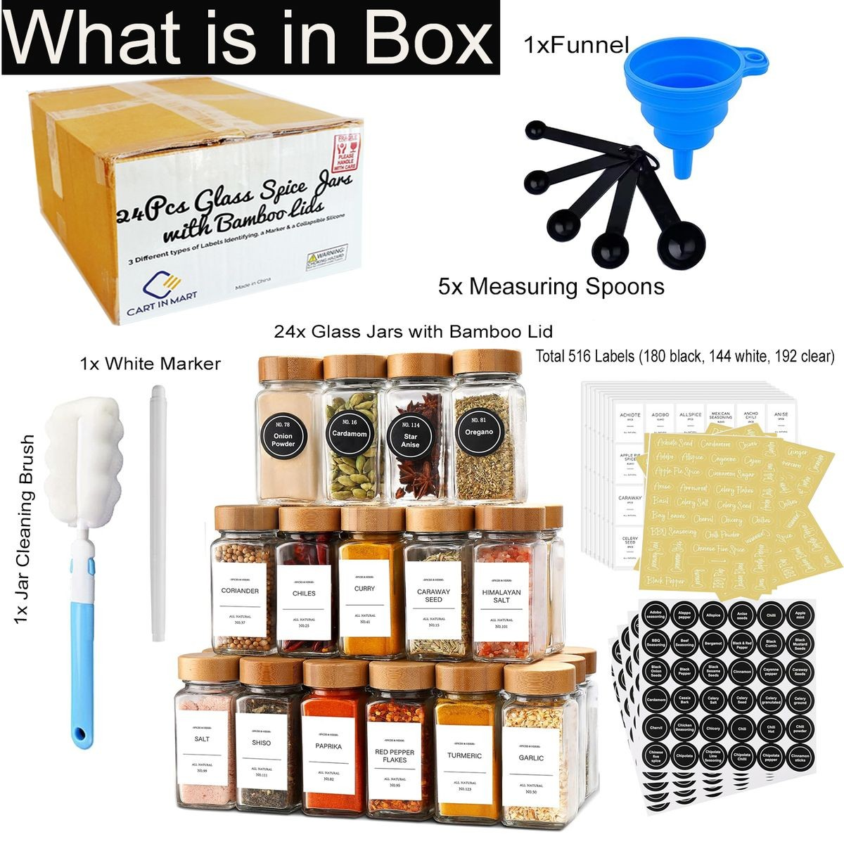 Cart In Mart 24 Pack Spice Jars Containers With Bamboo Lid Spoon Labels Brush Pen Funnel